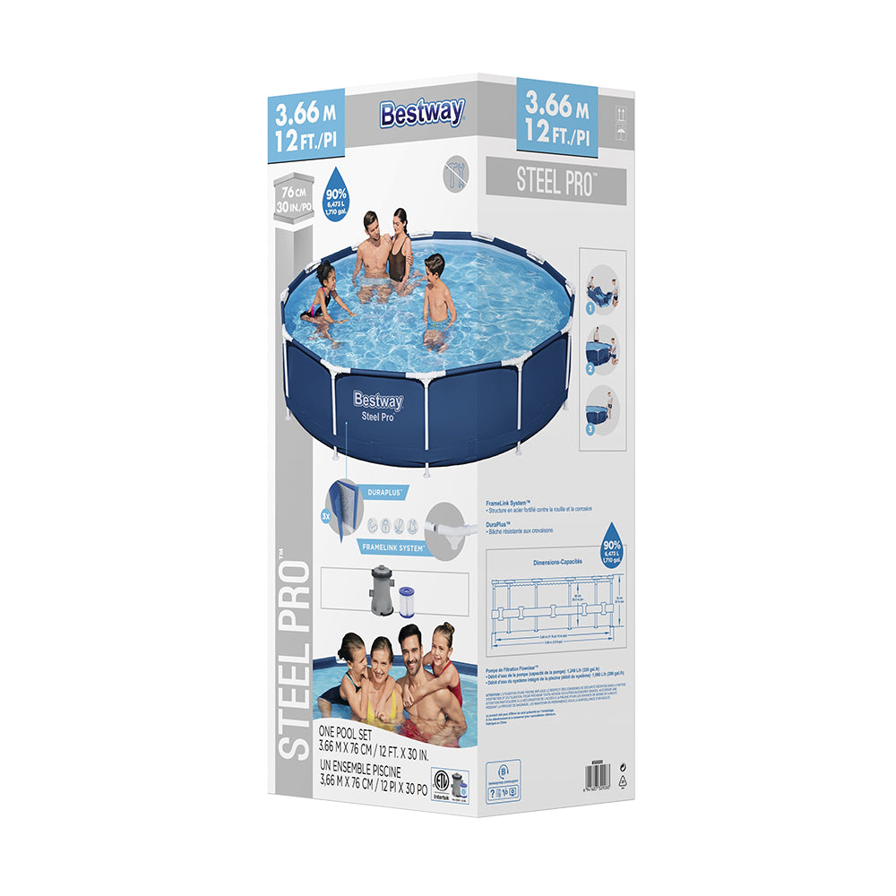 Bestway Swimming Pool 366x76cm Steel Frame Round Above Ground Pools w/ Filter Pump 6473L