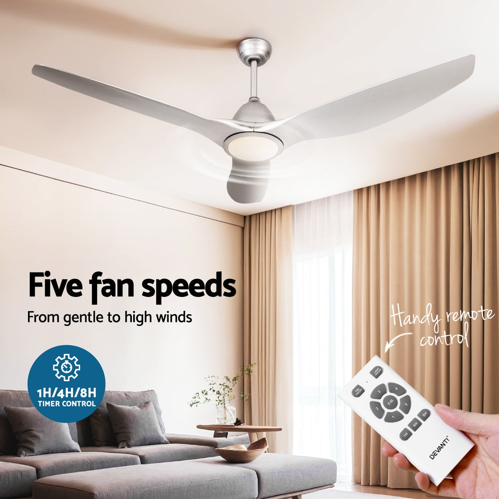 Devanti 64 Inch Ceiling Fan DC Motor w/Light w/Remote - Silver