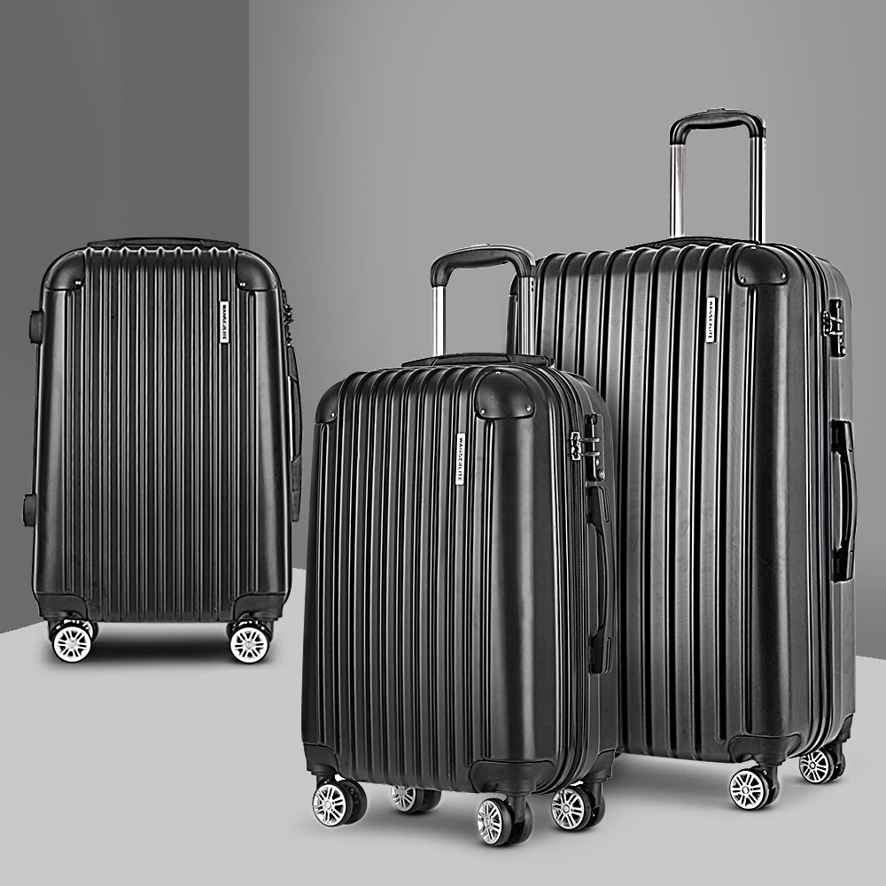 Wanderlite Luggage Set 3pc 20" 24" 28" Suitcase Hardcase Trolley Travel Black