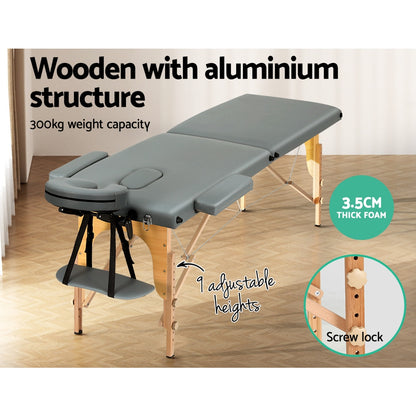 Zenses Massage Table 56cm Portable 2 Fold Wooden Beauty Bed Grey