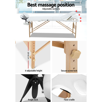 Zenses Massage Table 70cm Portable 3 Fold Wooden Beauty Bed White