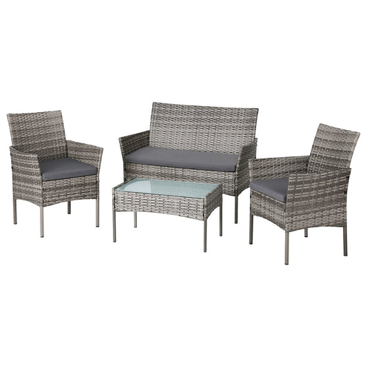 Gardeon 4 Seater Outdoor Sofa Set Wicker Setting Table Chair Furniture Grey