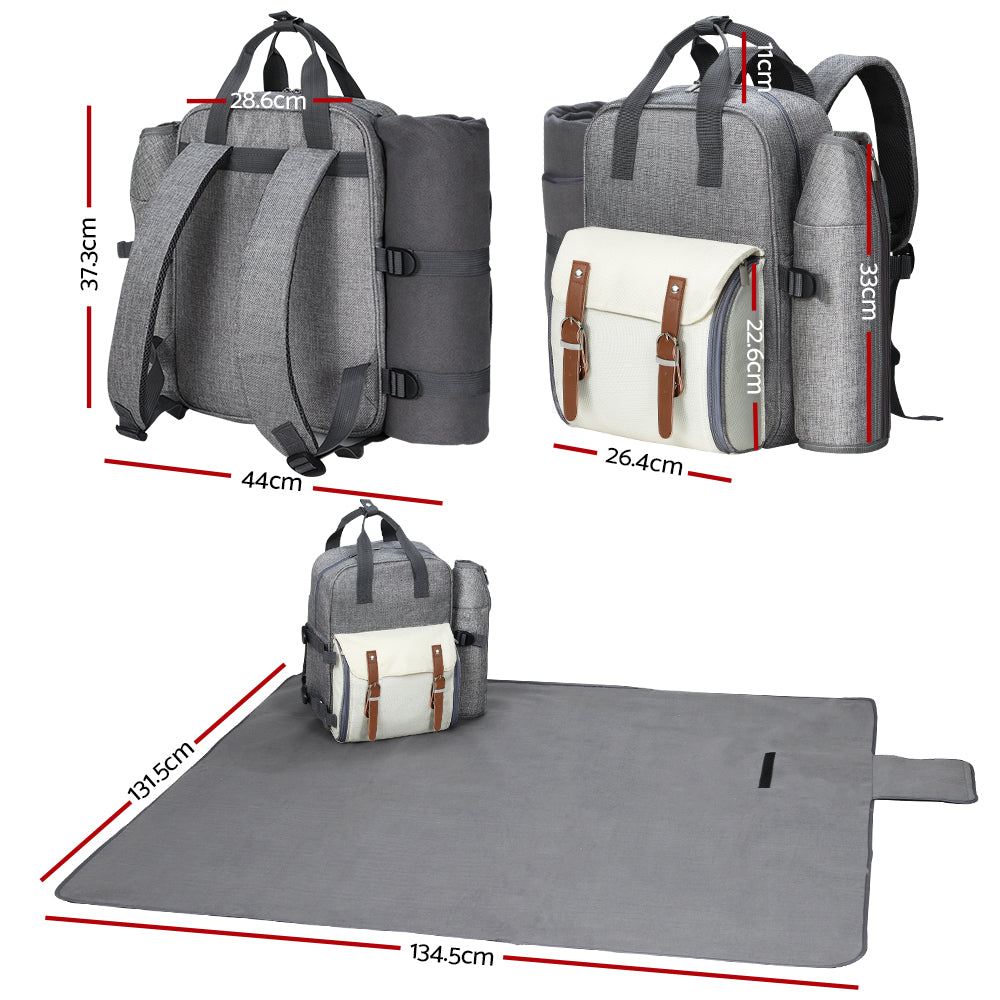 Alfresco 4 Person Picnic Basket Set Backpack Bag Insulated Grey