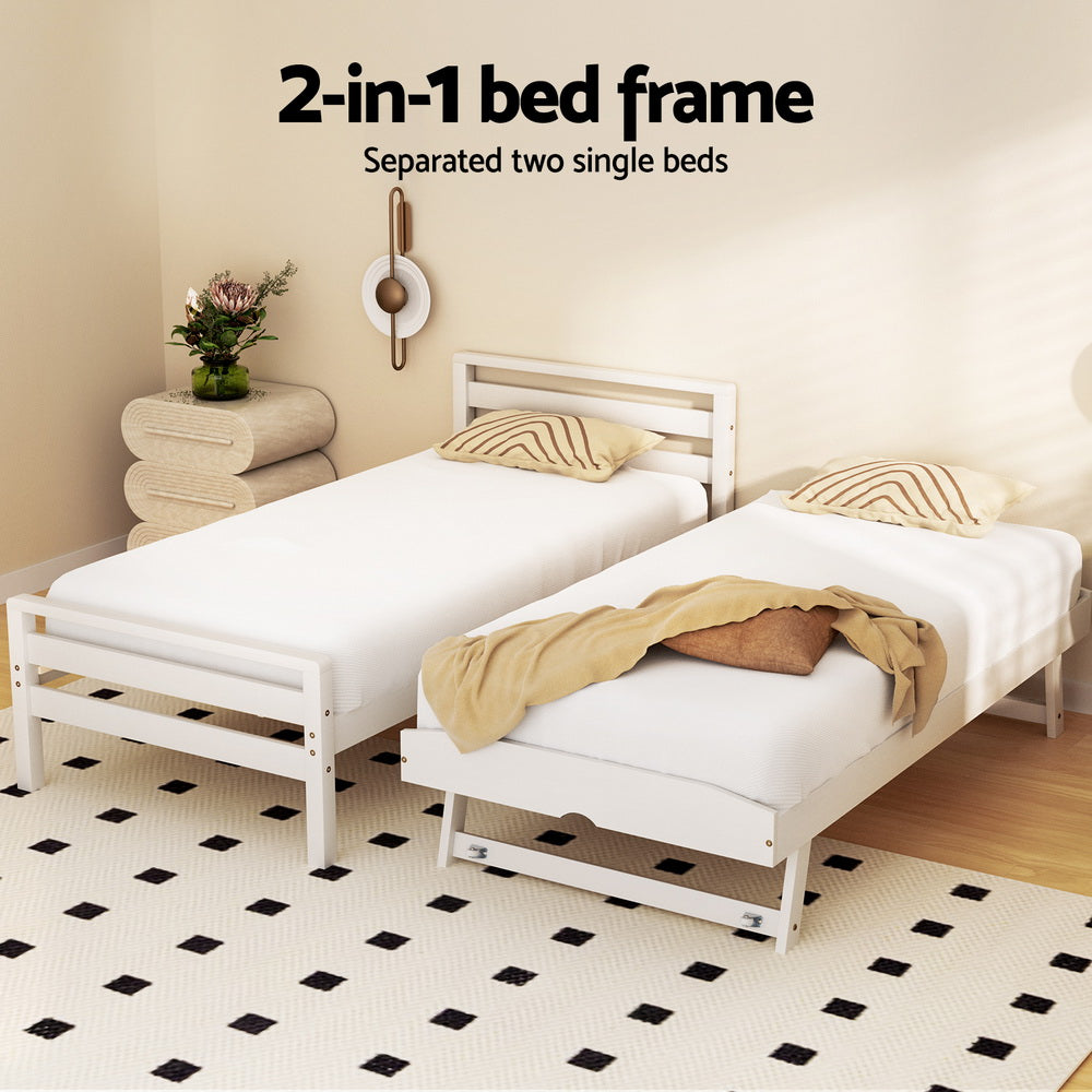 Artiss Bed Frame Single Size 2-in-1 Trundle Wooden White AVIS